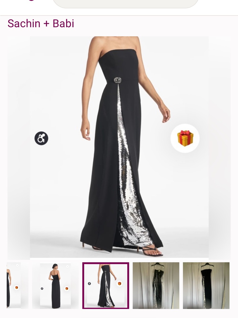 Sachin + Babi Strapless Black Evening Gown with Silver Sequin Panel